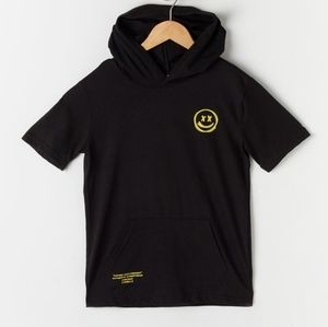 New 10-12 Hooded Tee Shirt Black and Yellow Smiley Face Short Sleeve Hoodie